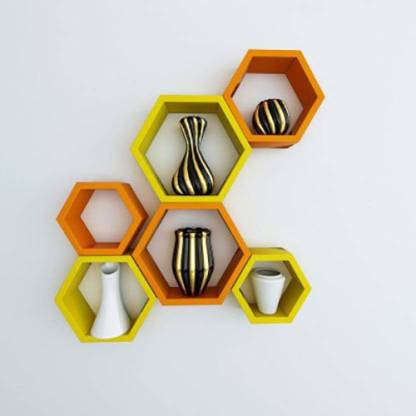 ArshwithCraft Hexagon Honeycomb Shape Wall Shelf Set Of 6 Wall Decorative Rack For Home Decor MDF (Medium Density Fiber) Wall Shelf