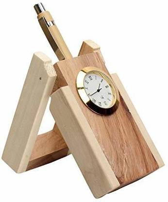 GADGET DEALS 1 Compartments Wooden Single Pen Stand/Holder with Attached Table Clock (One Pen included)
