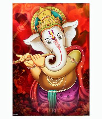 Ganesh Playing Flute Texture Painting Print Photo Without Frame Multicolor Fine Art Print