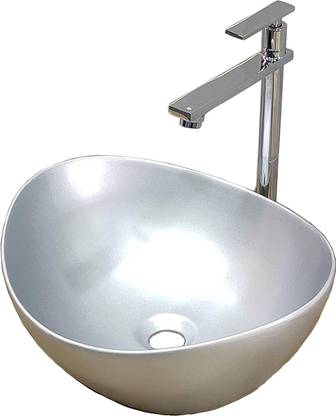 Tap & Tile Wash Basin Dimension Matt Finish Oval Design, Countertop, Tabletop Ceremic Bathroom Sink/Basin, Metallic silver Oval2_Metallicsilver_3 Table Top Basin