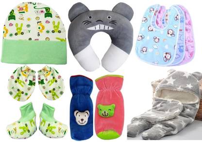 BRANDONN Combo Of new born baby blanket , pillow , bibs , bottle cover , cap , mitten and socks