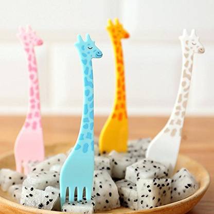 Modern Roots Best 12 Pcs Giraffe Shape Fruit Fork Set Cartoon Animal Salad Forks Cake Fruit Picks Cutlery Party Forks Set Tableware Disposable Plastic Baby Fork Set
