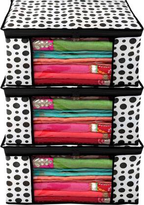 Billion Designer Polka Dots Design 3 Piece Non Woven Fabric Saree Cover/ Clothes Organiser For Wardrobe Set with Transparent Window, Extra Large,(Black & White) - BILLION38087 BILLION038087
