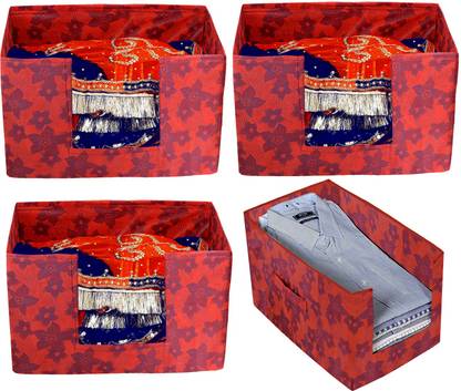 Billion Designer Metallic Printed Non Woven 1 Piece Shirt Stacker And 3 Piece Foldable Rectangle Cloth Saree Stacker Cloth Wardrobe Organizer Wardrobe Organizer (Red) - BILLION38225 BILLION038225