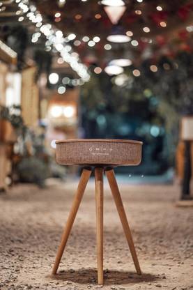 Sevenaire Saturn 360 degree Bluetooth Speaker With 360 Surround Sound and Deep Bass Home Theatre With Wireless Charging Modern & 2 USB, 1 AUX Port Solid Wood Side Table