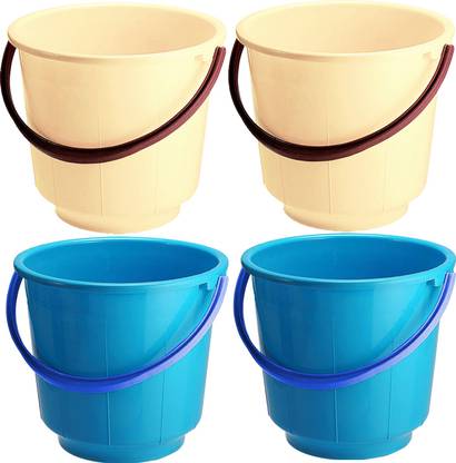 Heart Home 4 Pieces Unbreakable Strong Plastic Bathroom Bucket 13 Ltr (Cream & Blue) - CTHH17323 13 L Plastic Bucket