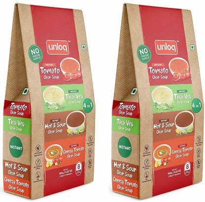 unloq 4 in 1 Clear Soup (No Onion Garlic) Instant Soup Healthy Mix | Jain 4 in 1 Clear Soup with freshest Natural Ingredients | ( 4 in 1 - Tomato , Thai Veg , HOT & Sour , Cheesy Tomato ) - Pack of 2