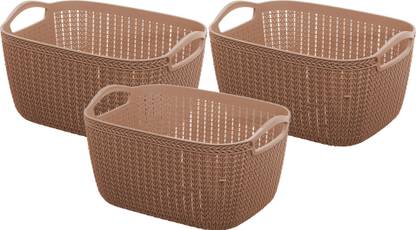 KUBER INDUSTRIES Plastic Unbreakable Plastic 3 Pieces Multipurpose Medium Size Flexible Storage Baskets / Fruit Vegetable Bathroom Stationary Home Basket with Handles (Brown) -CTKTC39047 Storage Basket