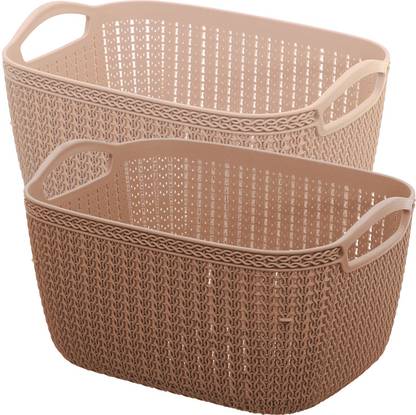 KUBER INDUSTRIES Plastic Unbreakable Plastic 2 Pieces Multipurpose Large Size Flexible Storage Baskets / Fruit Vegetable Bathroom Stationary Home Basket with Handles (Peach & Brown) -CTKTC37841 Storage Basket