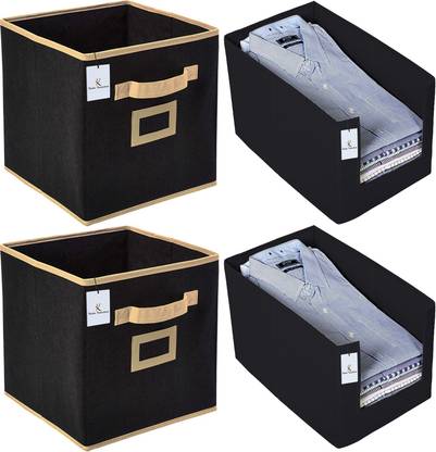 Billion Designer Non Woven 2 Piece Shirt Stacker Wardrobe Organizer And 2 Piece Small Foldable Storage Organiser Cubes/Boxes (Black) -BILLION38342 BILLION038342
