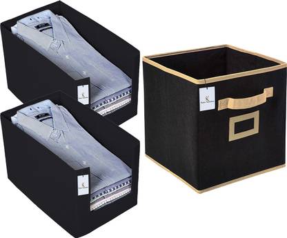 Billion Designer Non Woven 2 Piece Shirt Stacker Wardrobe Organizer And 1 Piece Small Foldable Storage Organiser Cubes/Boxes (Black) -BILLION38339 BILLION038339