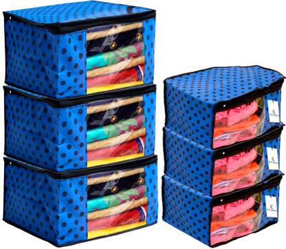 बिलियन Designer Polka Dots Design Non Woven 3 Piece Saree Cover/Cloth Wardrobe Organizer And 3 Pieces Blouse Cover Combo Set (Blue) -BILLION38428 BILLION038428