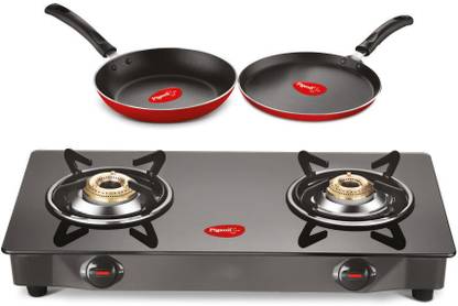 Pigeon Gas Stove Combo – Brunet 2 Burner Gas Cooktop + Flat tawa 250 + Fry Pan 240 Stainless Steel Manual Gas Stove  (2 Burners)
