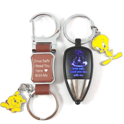 Isk Drive Safe Brown eather Mini Poohn and Drive Safe Light Reflection with Mini Tweety Best Quality Keychain Key Chain