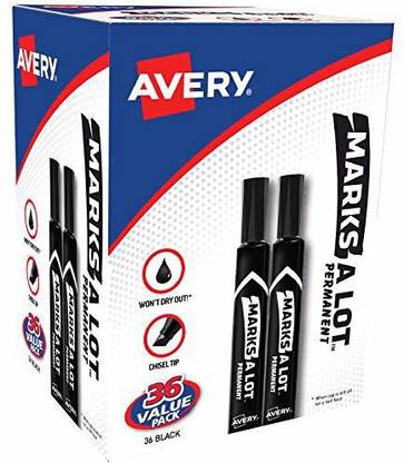 avery MarksALot Permanent Markers, Large DeskStyle Size, Chisel Tip, Water And Wear Resistant, Value Pack Of 36 Black Markers (98026)
