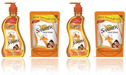 Santoor tulsi 2 pouch + 2 pump pack of 4 Hand Wash Pump + Refill
