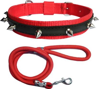 ADIOS Dog Belt Combo of Red Nylon Spike Collar with Red Lead 1.5m Lengthy Dog Collar & Leash