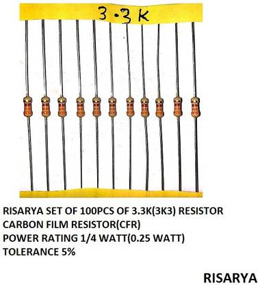 RISARYA 3.3K-OHM(3K3) RESISTOR,5%,CFR,100PCS,1/4 WATT Fixed Resistor