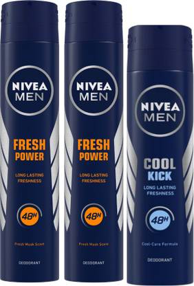 Nivea Men MEN Deodorant, Fresh Power, 200ml & MEN Deodorant, Cool Kick, 150ml (Pack of 3) Body Spray  -  For Men