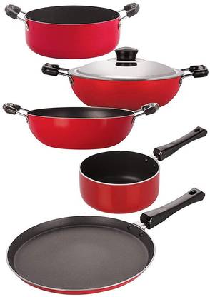 NIRLON  2 Layer Non-Stick Coated Flat Base Gas Compatible Heat Resistance Cookware Combo Gift Item Set Non-Stick Coated Cookware Set
