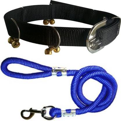 ADIOS Dog Belt Combo of Black Ghungroo Collar with Blue Lead 1.5m Lengthy Dog Collar & Leash