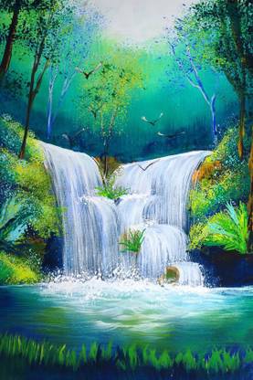 Beautiful Nature waterfall vastu Painting Poster Waterproof Canvas Print for Home Decor || (24X18 inches) bt1466-2 Fine Art Print