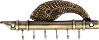Fonax Flute & Peacock Feather Shape Key Holder | Wall Mounted | With Screws Brass Key Holder