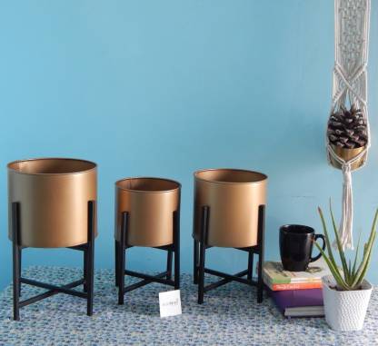 ecofynd Centuria Mid Century Plant Pot Set of 3 - Modern Round Golden Planter with Black Metal Stand Plant Container Set
