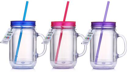Cupture Double Wall Insulated Plastic Mason Jar Tumbler - 20 oz, 3 Pack Plastic Mason Jar
