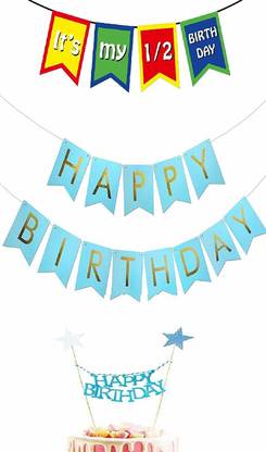 Balloons Half Birthday Party Decoration Combo (It's My 1/2 Birthday Multi Color Banner+Happy Birthday Banner+Happy Birthday Cake Topper) (Light Blue) Banner
