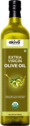 Akiva Superfoods Extra Virgin Olive Oil 100% Raw - First Cold Pressed Olive Oil Glass Bottle