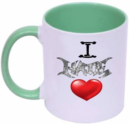 Shieldsmore Ceramic I Hate Love Printed 325ml Coffee/Cup for Gift | Green and White Ceramic Coffee Mug