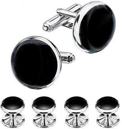 Royal Villa Silver and Black Stainless Steel Tuxedo Cufflinks and Studs Set Brass Buttons