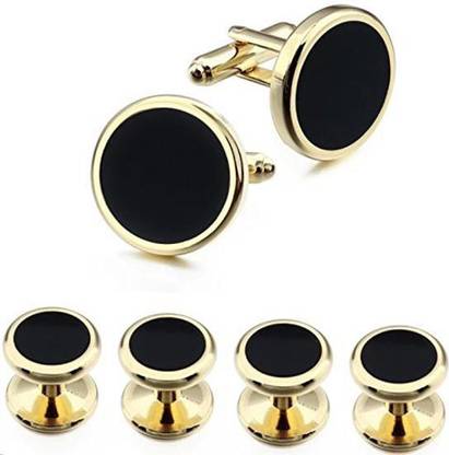 Royal Villa Golden and Black Stainless Steel Tuxedo Cufflinks and Studs Set Brass Buttons