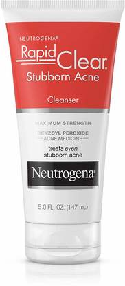 NEUTROGENA Rapid Clear Stubborn Acne  with 10% Benzoyl Peroxide Acne Treatment Medicine, Daily Facial Cleanser to Reduce Size and Redness of Acne, Benzoyl Peroxide Acne , 5 Fl Oz Face Wash