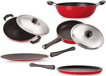 NIRLON Non-Stick Cookware Kitchen Utensil Combo Set, Red & Black Non-Stick Coated Cookware Set