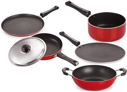 NIRLON Non-Stick Classic Range Kitchen PFOA Cookware Utensil Combo Set, Red & Black Non-Stick Coated Cookware Set