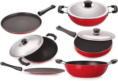 NIRLON Non-Stick Cookware Kitchen Utensil Combo Set, Red & Black Non-Stick Coated Cookware Set