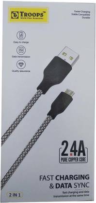 Troops Micro USB Cable 2.4 A 1 m Fast Charging & Data cable,charging current max 2.4amp. (Pack of 2)