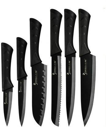touaretails 6 Pc Stainless Steel Knife Set 6 Pieces Professional Kitchen Knife Set for Non-Slip Handle Kitchen Black with Sharp Manual Sharpening for Chef Cooking Cutting Knife Bread Slicing Knife Set- Black