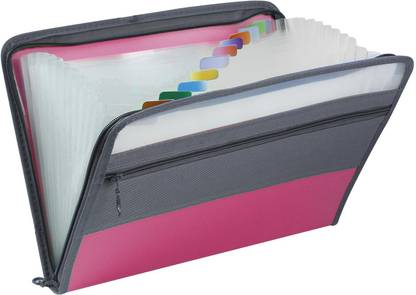 TRANBO Plastic 12 Pockets Expanding Zipper Files and Folders, A4 File Folder For Documents, Pink