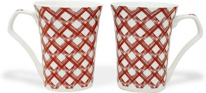 U.P.C. Milk/ big size cup (300 ml capacity), Geometry print, Made of Fine Bone China, Set of 4, Cup Set Latest Design , Red, White Bone China Coffee Mug