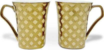 U.P.C. Gold Plated Milk/ Big Size Cup (300 ml capacity), Full Carpet, Made of Fine Bone China, Light, Cup Set Latest Design , Golden, White Bone China Coffee Mug