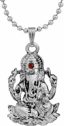 RN Silver Antique Finish Plated Brass CZ, lotus sitting Lord Ganesh ji, Ganpati, Gajanand ji, Pendant locket for Men and women Silver Brass Pendant