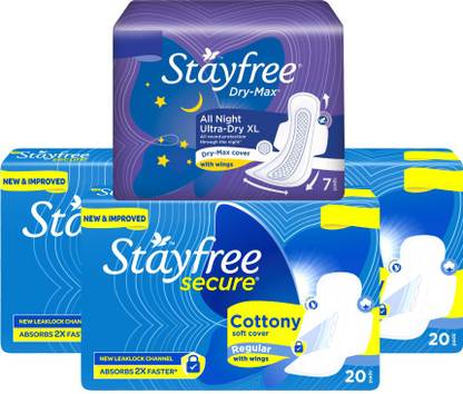STAYFREE Secure Cottony Soft Regular 60 Pads with Dry Max XL All Night 7 Pads Sanitary Pad
