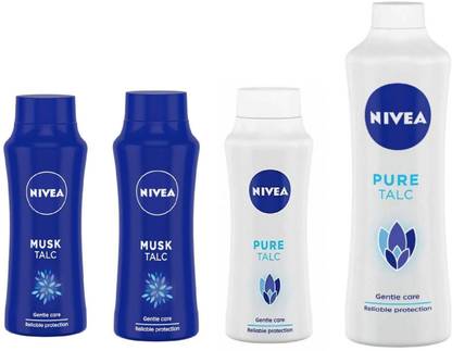 NIVEA MUSK TALC 100 G + MUSK TALC 100 G + PURE TALC 100 G + PURE TALC 400 G (PACK OF 4) #43 (WITH 4 MILK DELIGHTS FACE WASH 8ML)
