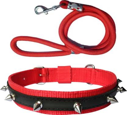 ADIOS Good Quality Dog Belt Combo of Red Nylon Spike Collar with Red Lead 1.5m Lengthy Dog Collar & Leash