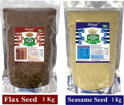 Midiron Roasted Flax Seed & Raw Sesame Seed/ White Till Healthy Pack (1 kg each) Brown Flax Seeds, Sesame Seeds