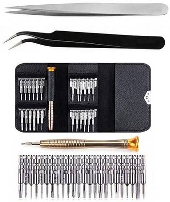 wroughton 25 in 1 Precision Screwdriver Set Multi Pocket Repair Tool Kit for Mobiles|Laptops|Electronics With 1 Stainless Steel Non Magnetic Tweezers- Straight and 1 ESD Non Magnetic Tweezers- Curved Precision Screwdriver Set