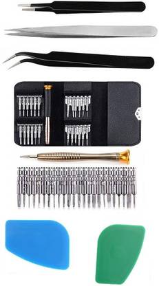 wroughton 25 in 1 Precision Screwdriver Set Multi Pocket Repair Tool Kit for Mobiles|Laptops|Electronics With 2 Plastic Spudger for Mobile Screen and Battery Removal, 1 Stainless Steel Non Magnetic Tweezers- Straight and 2 ESD Non Magnetic Tweezers- Curved & Flat Precision Screwdriver Set